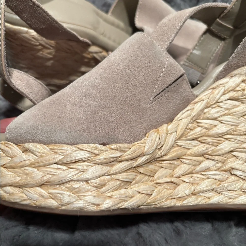 Marc Fisher Suede Taupe Sandals with ankle strap and rafia wedge